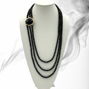 Vintage 80's Richard SERBIN Gold Tone Jet Black Bead Necklace Triple Layered